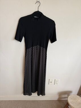 Zara Black Ribbed Top Polka Dot Midi Dress